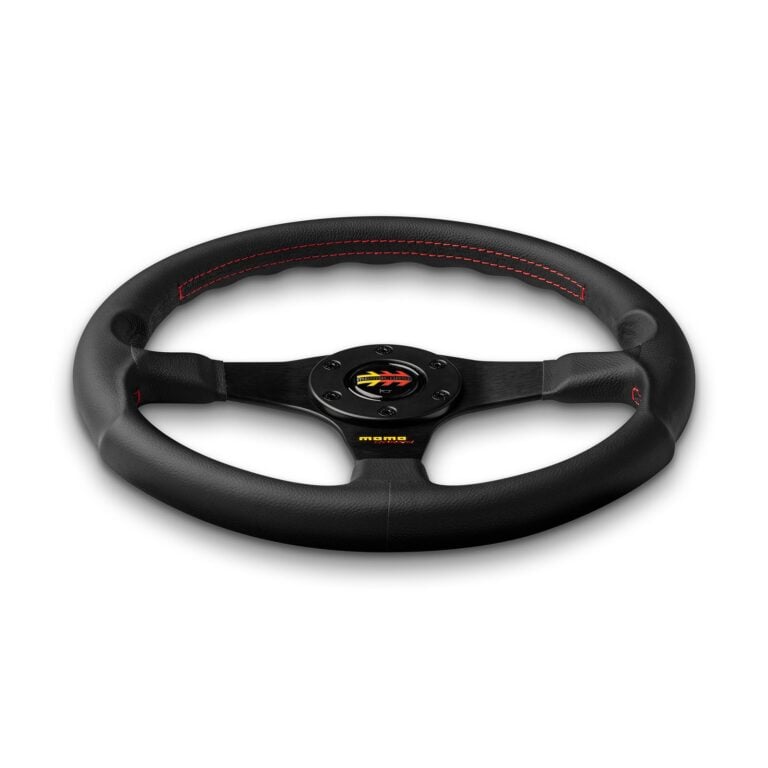MOMO Corse 2.0 steering wheel in black leather with red stitching, angled