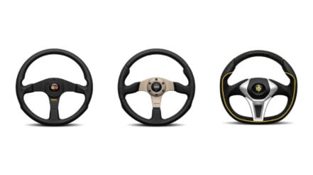 The MOMO Corse 2.0, Race 2.0 and GT50 2.0 steering wheels side by side, photographed straight on