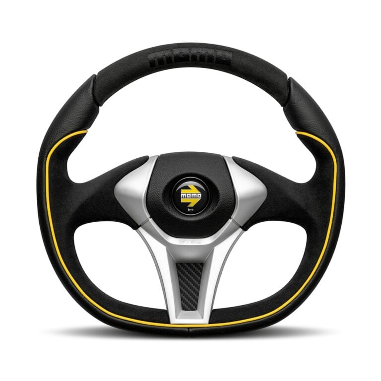 MOMO GT50 2.0 steering wheel with silver spokes and yellow leather insert, straight on