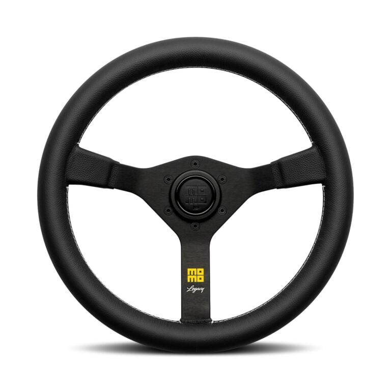 MOMO Legacy steering wheel, black leather with white stitching, straight on
