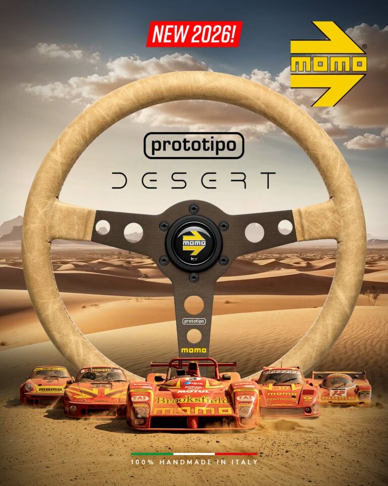 MOMO launch artwork for the 2026 Prototipo Desert, the steering wheel over a desert landscape with a line of historic MOMO liveried race cars beneath it