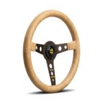 MOMO Prototipo Desert 350mm steering wheel at an angle showing the 39mm dish and the drilled dark brown spokes