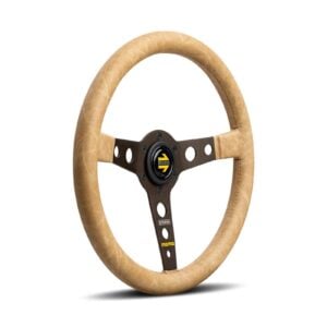 MOMO Prototipo Desert 350mm steering wheel at an angle showing the 39mm dish and the drilled dark brown spokes