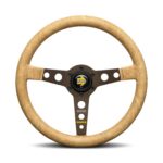 MOMO Prototipo Desert 350mm steering wheel photographed straight on, Sahara vintage leather rim with dark brown anodised three spoke centre and the MOMO arrow horn button