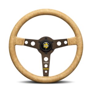 MOMO Prototipo Desert 350mm steering wheel photographed straight on, Sahara vintage leather rim with dark brown anodised three spoke centre and the MOMO arrow horn button