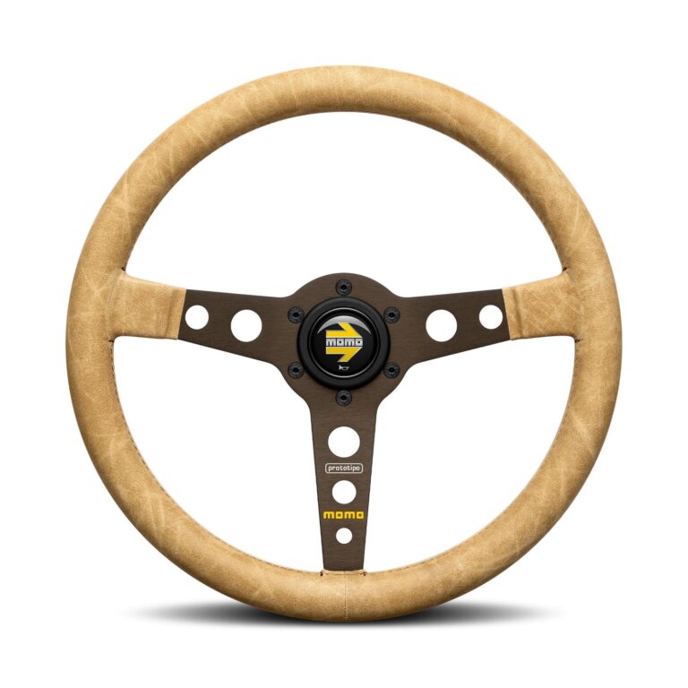 MOMO Prototipo Desert 350mm steering wheel photographed straight on, Sahara vintage leather rim with a dark brown anodised three spoke centre