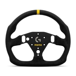 MOMO Sim GT-Pro 320 x Logitech G Steering Wheel photographed straight on