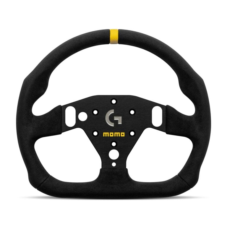 MOMO Sim GT-Pro 320 x Logitech G steering wheel showing the shaped grip and yellow centre marker