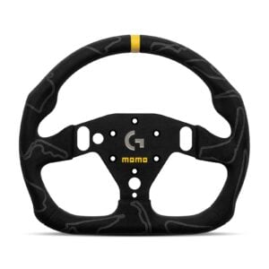MOMO Sim GT-Pro 320 Tracks x Logitech G Steering Wheel photographed straight on