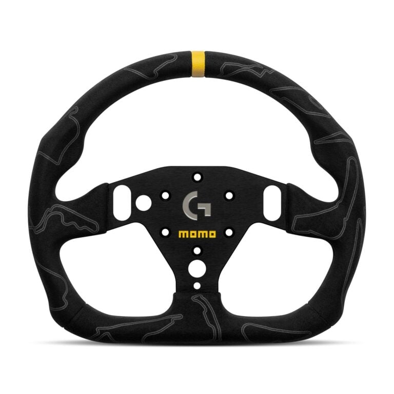 MOMO Sim GT-Pro 320 Tracks x Logitech G steering wheel with circuit outlines printed on the rim