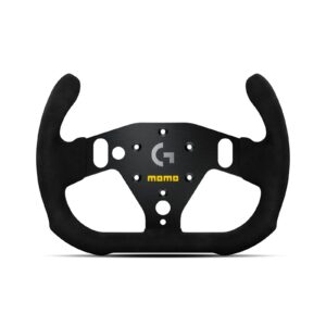 MOMO Sim GT-Racer 290 x Logitech G Steering Wheel photographed straight on