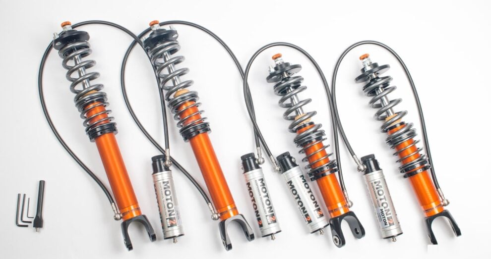 MOTON 2-way coilover kit with orange bodies and silver remote reservoirs