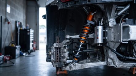 A MOTON 3-way rear coilover and remote reservoir fitted to a GT race car with the bodywork off