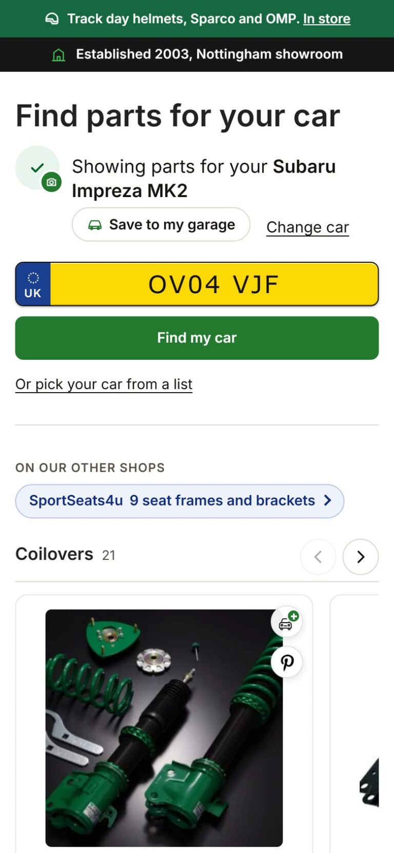 The number plate checker on a phone, showing parts for a 2004 Subaru Impreza
