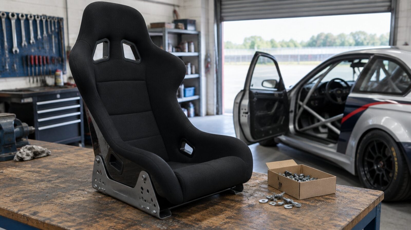 Racing bucket seat on a workshop bench beside a race car