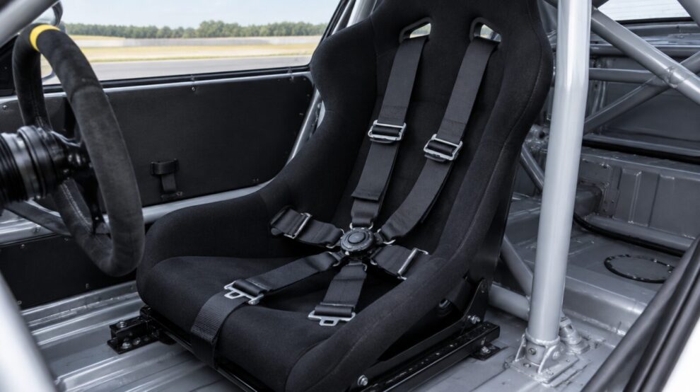 Racing bucket seat and harness fitted in a club race car with a roll cage