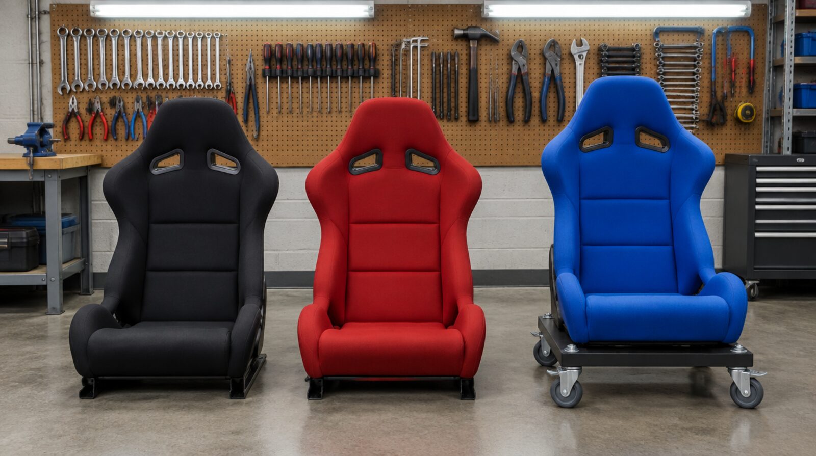 Black, red and blue racing bucket seats in a workshop