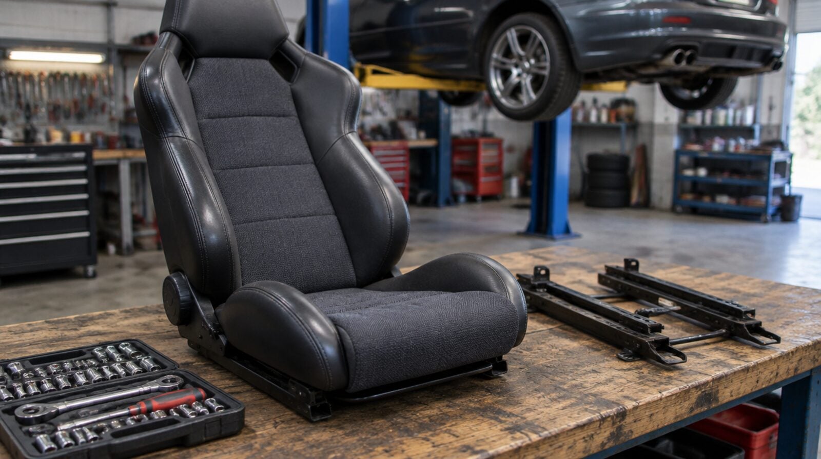 Reclining sport seat and runners on a workshop bench