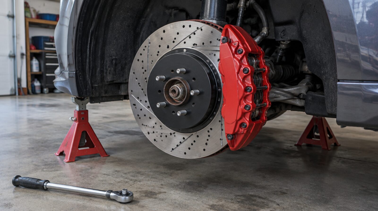 Drilled brake disc and red caliper on a car in the garage