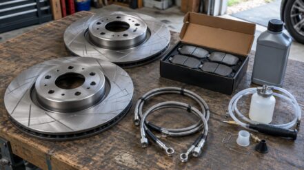 Brake discs, pads and braided hoses laid out on a bench