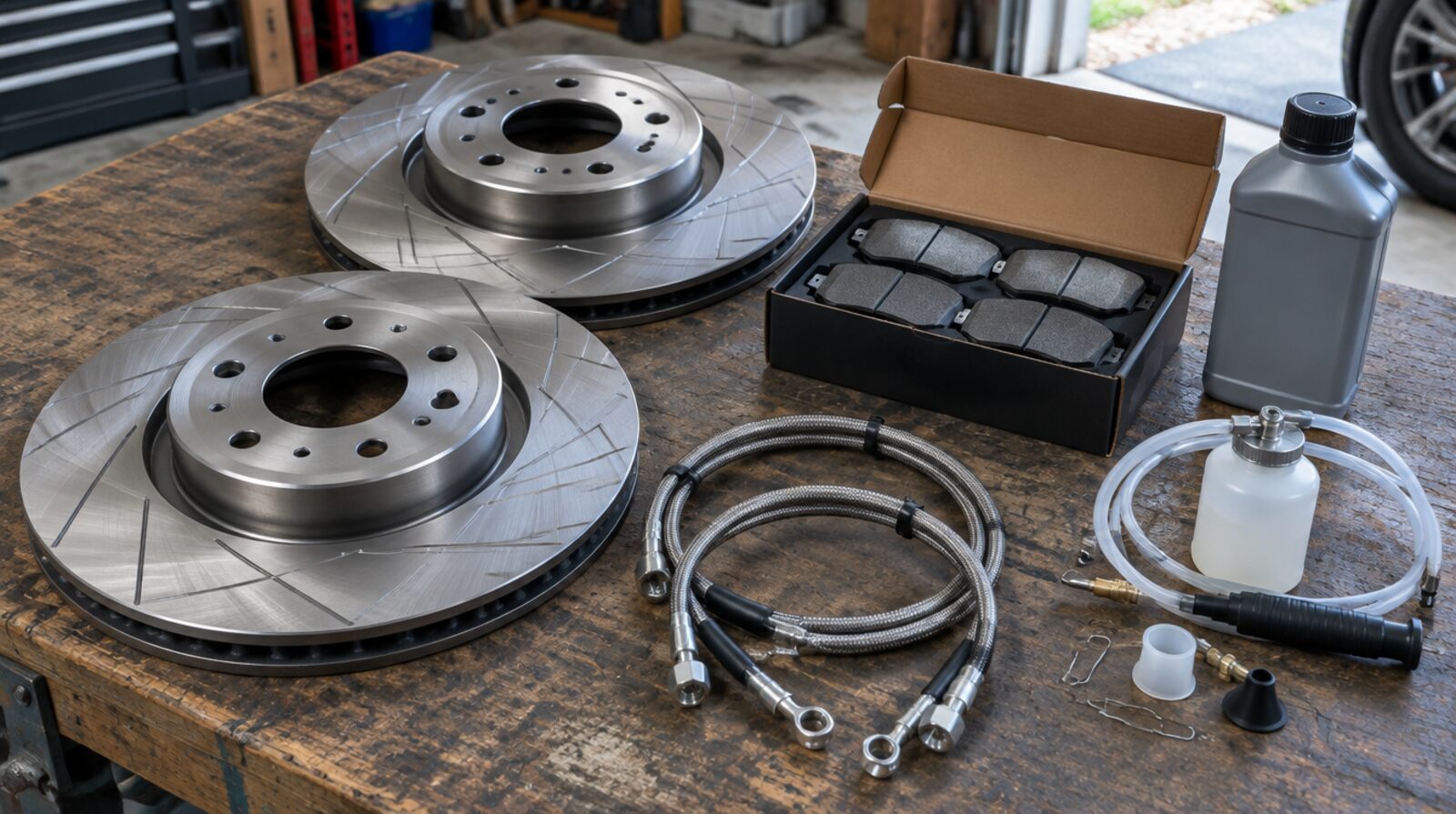 Brake discs, pads and braided hoses laid out on a bench