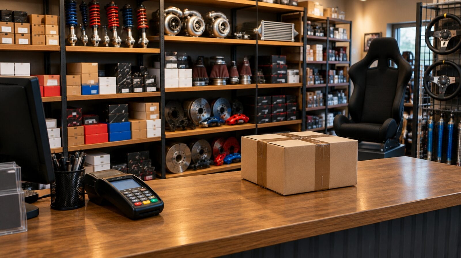 Motorsport parts shop counter with boxed parts