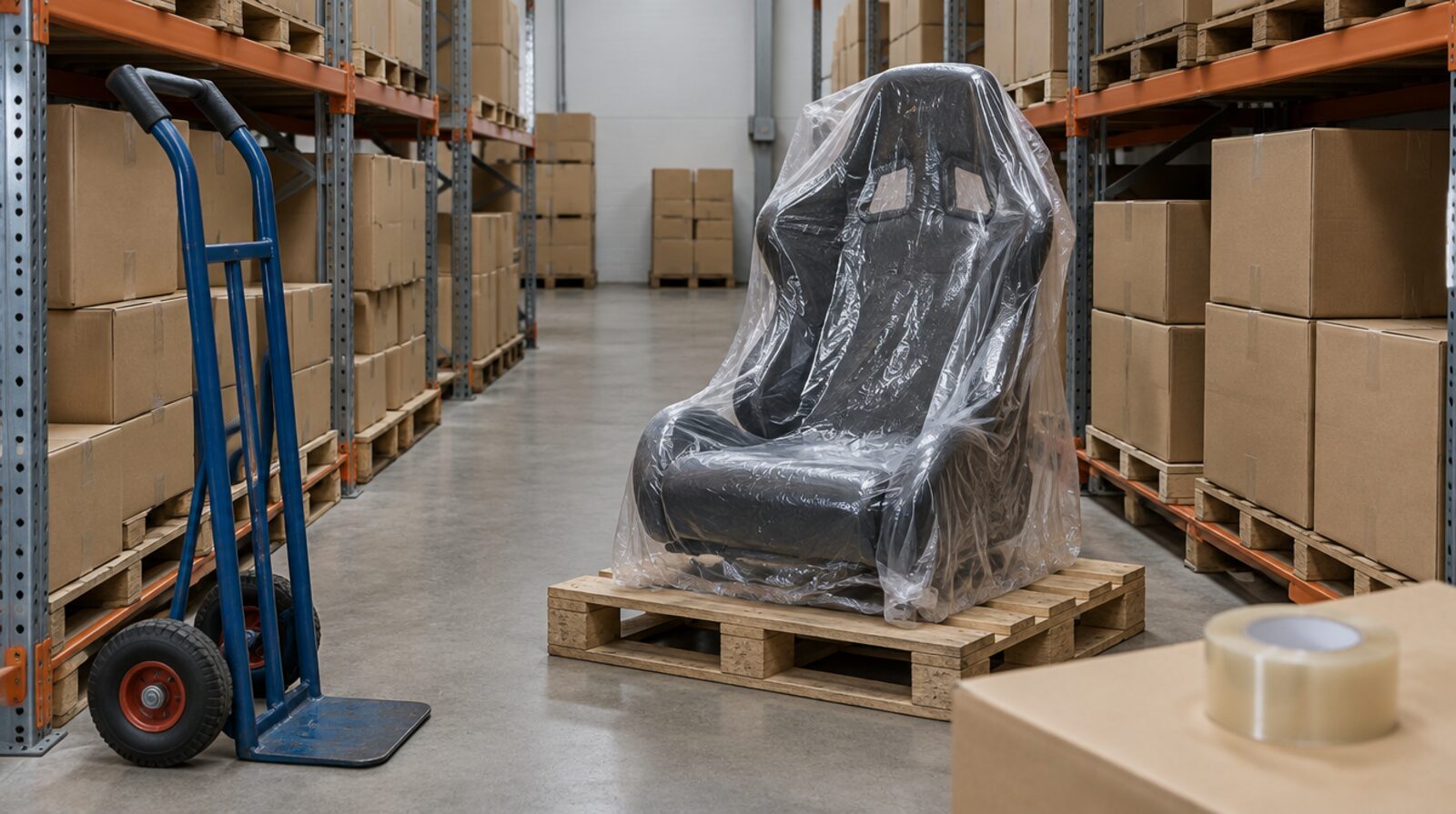 Warehouse aisle with a wrapped racing seat ready to ship