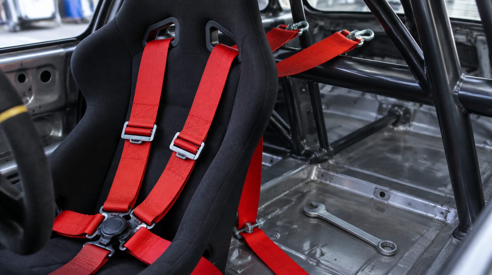 Racing harness straps fitted to a roll cage