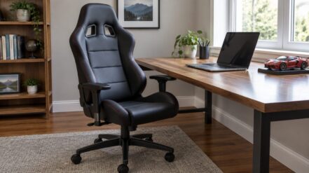 Racing style office chair at a home office desk