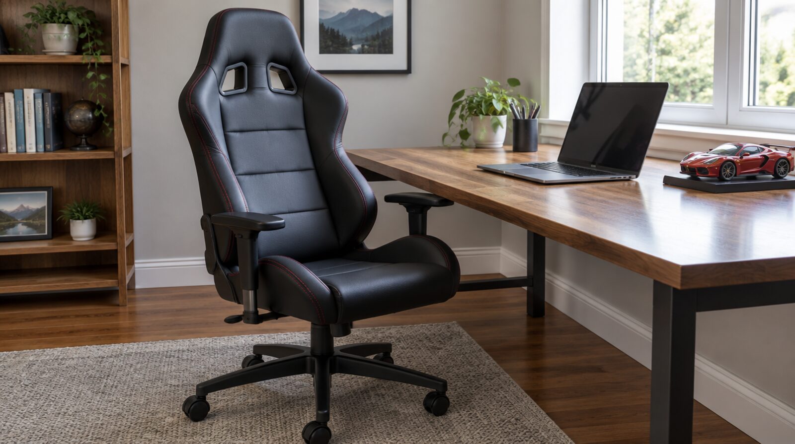 Racing style office chair at a home office desk
