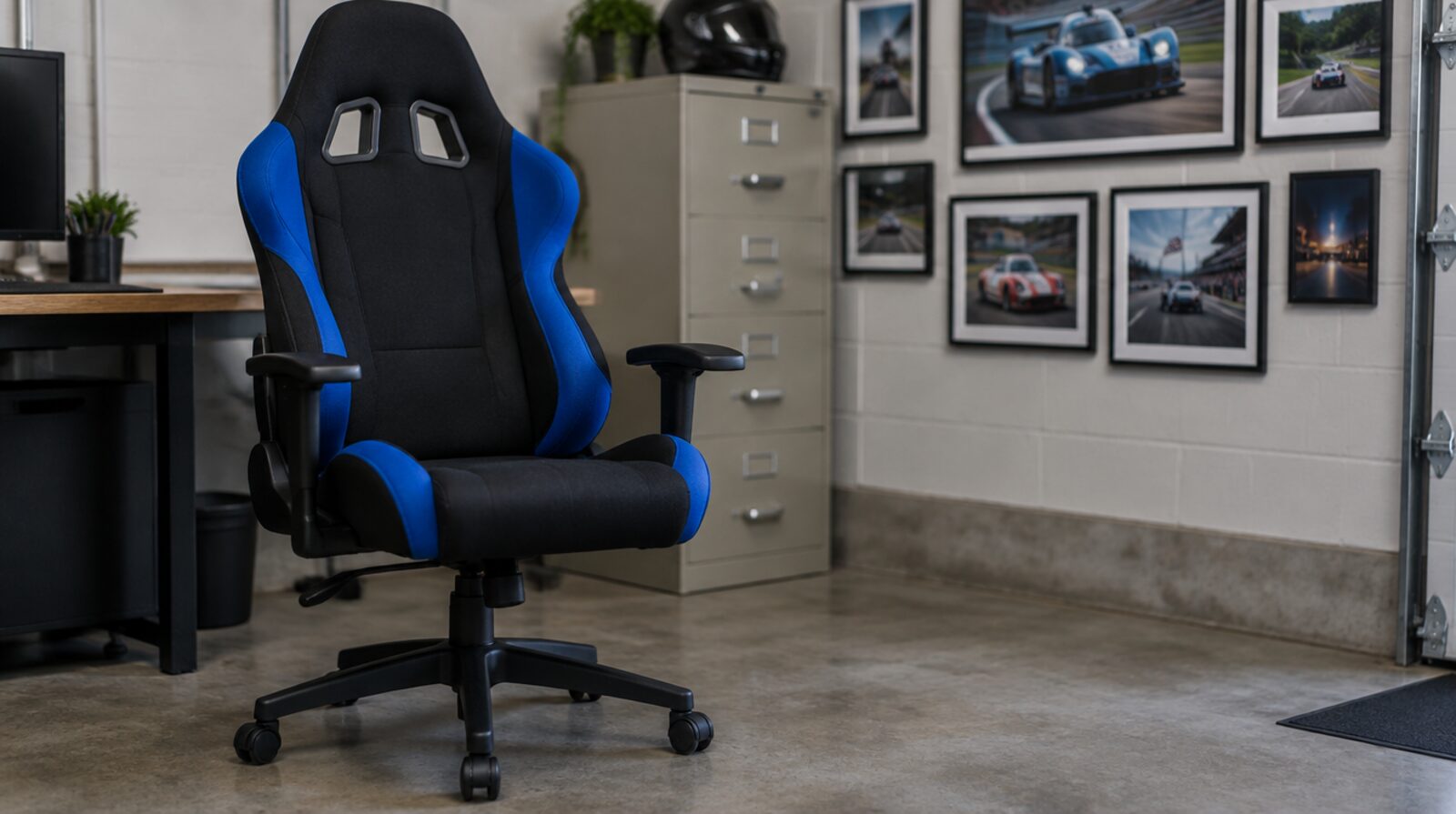 Racing style office chair in a garage office