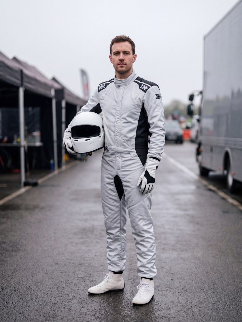 Driver wearing the OMP One S Race Suit in Silver with White Boots and Gloves in the paddock