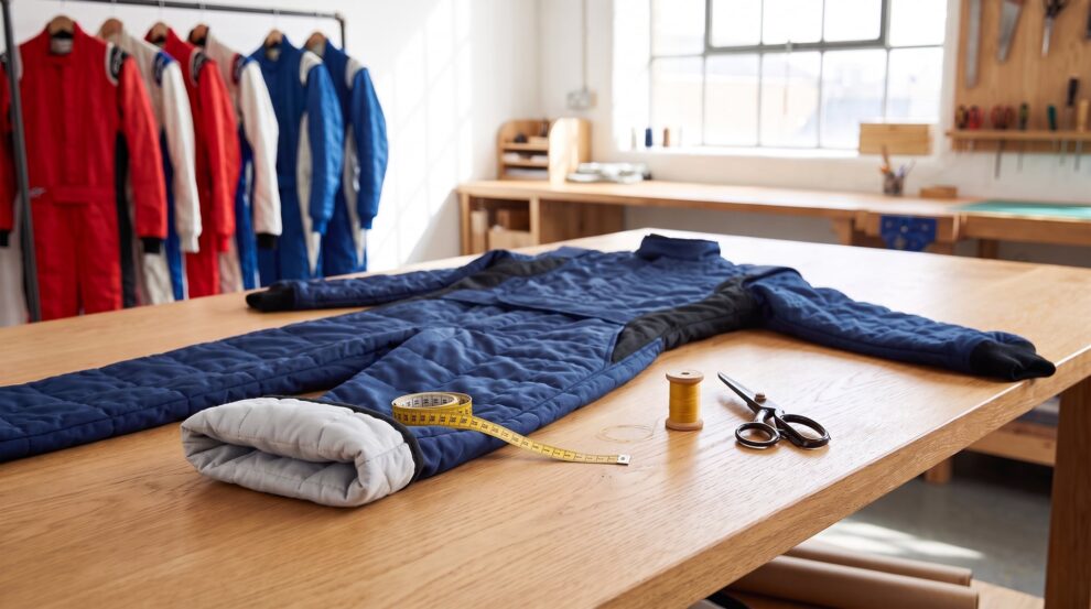 A plain navy blue race suit laid on a wooden workbench with one trouser cuff turned back to show the quilted inner lining, a yellow tape measure, a spool of thread and scissors beside it