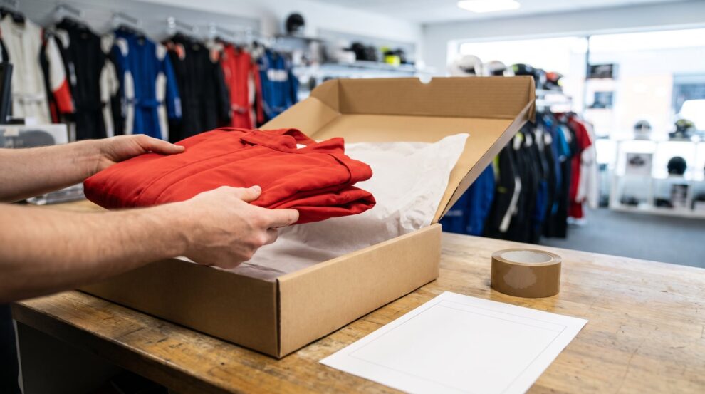 Two hands placing a folded red race suit into a cardboard box lined with tissue paper on a shop counter, with parcel tape and a blank form beside it