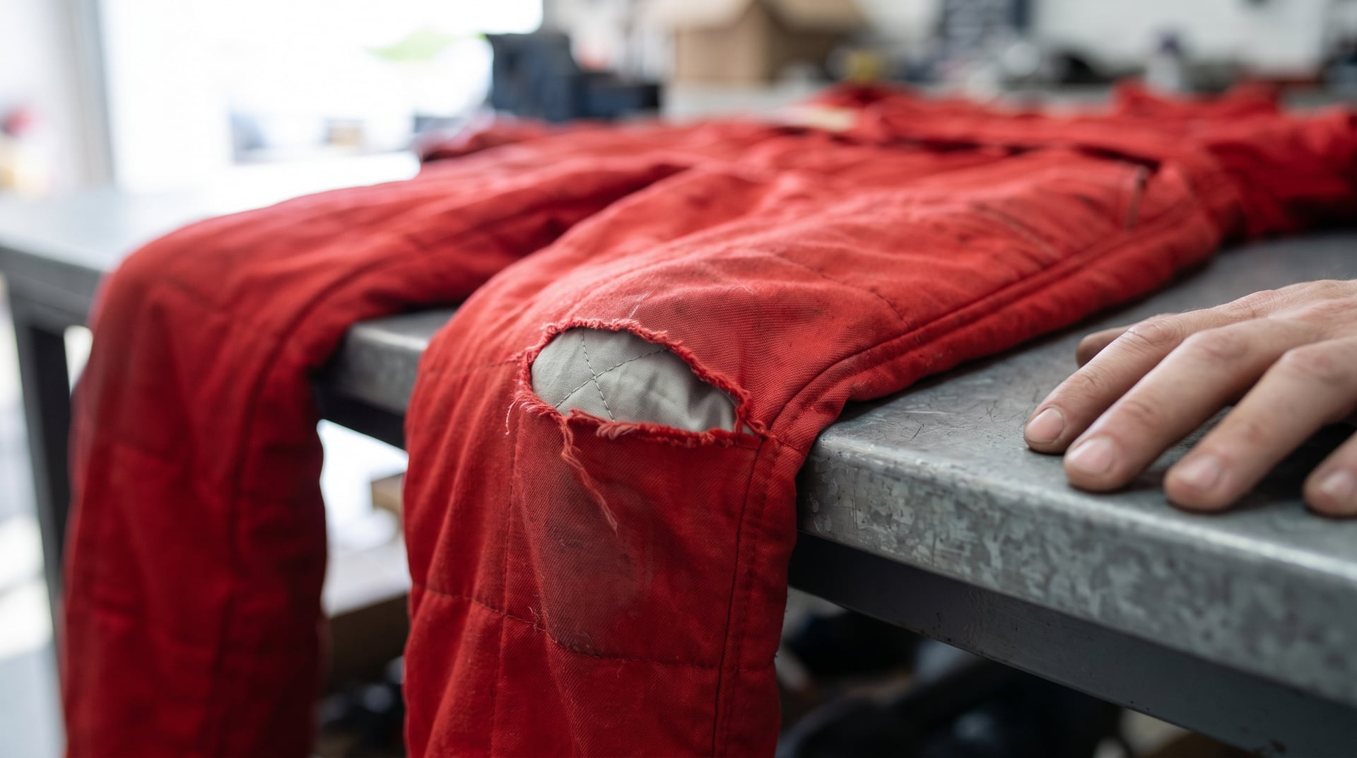 A plain red race suit on a workshop bench with a small tear at the knee, the pale grey quilted inner layer showing through, and a hand resting on the bench beside it
