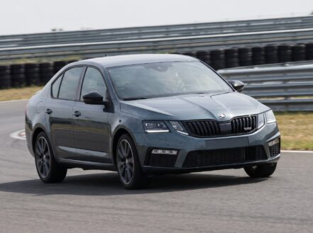 Dark grey Skoda Octavia VRS at a racing circuit, fitted with BC Racing coilovers