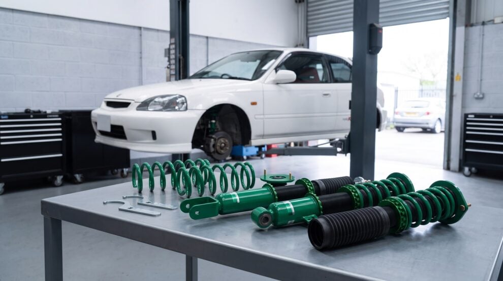 TEIN FLEX Z coilovers laid out on a workshop bench with a Honda Civic Type R EK9 on a lift behind