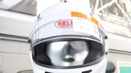 White Bell GP3 Sport helmet with a clear visor, on a mannequin in the GSM Performance showroom