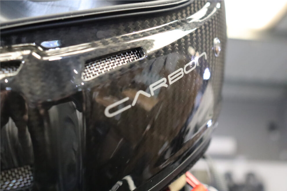 Close up of the carbon weave on the rear of a Stilo ST5 FN Carbon helmet