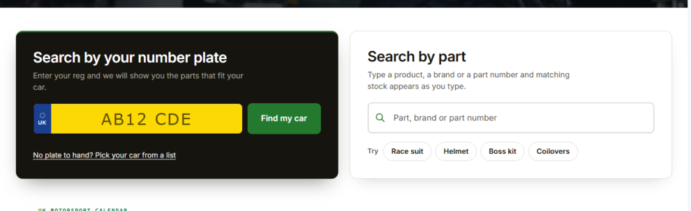 The homepage band with the number plate box beside the product search