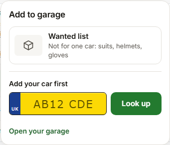 The Add to garage picker listing cars and the wanted list