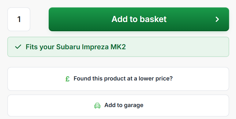 A product page with the fitment note under the price and the Add to garage button