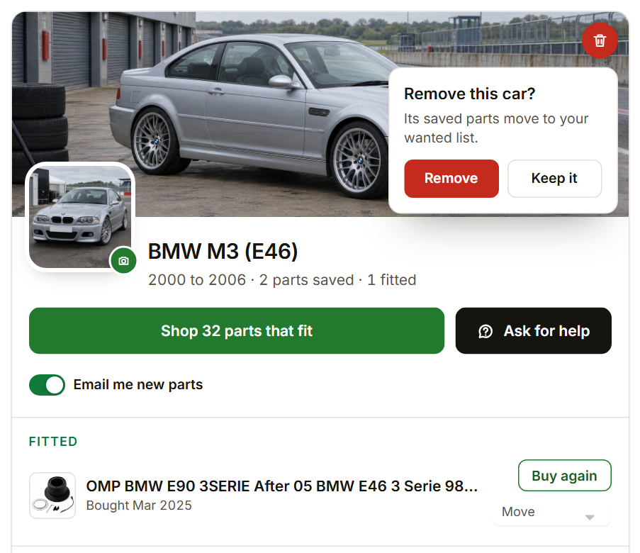 The Remove this car confirmation on a car card