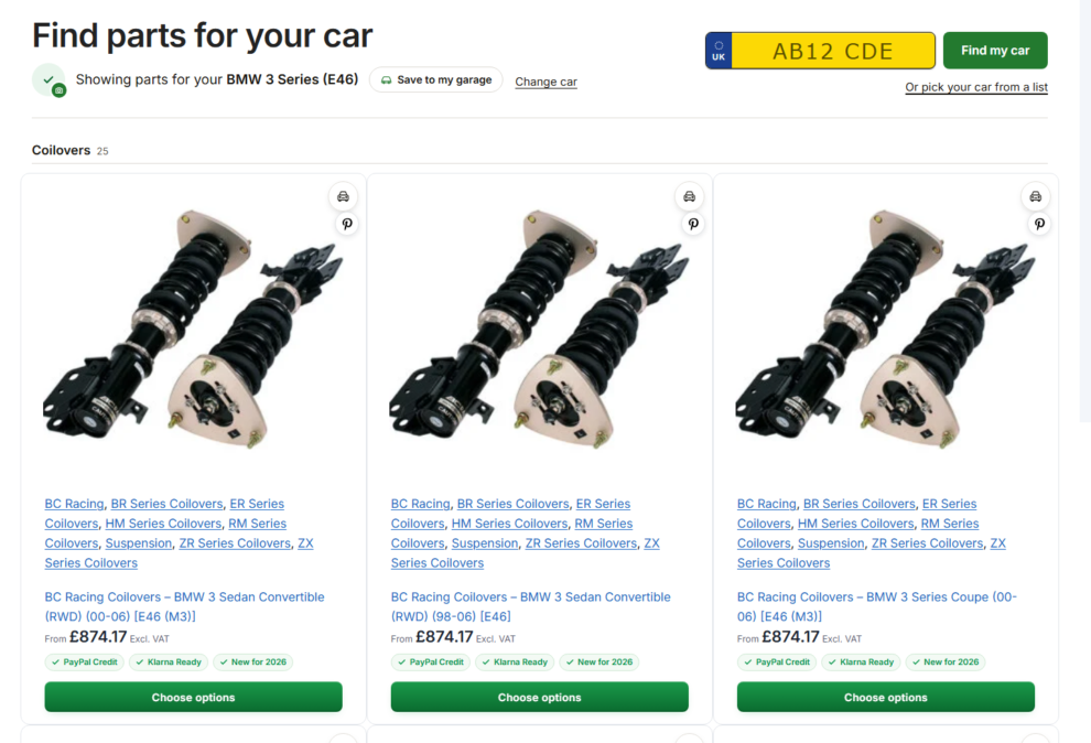 The Find parts for your car results page for a BMW 3 Series E46