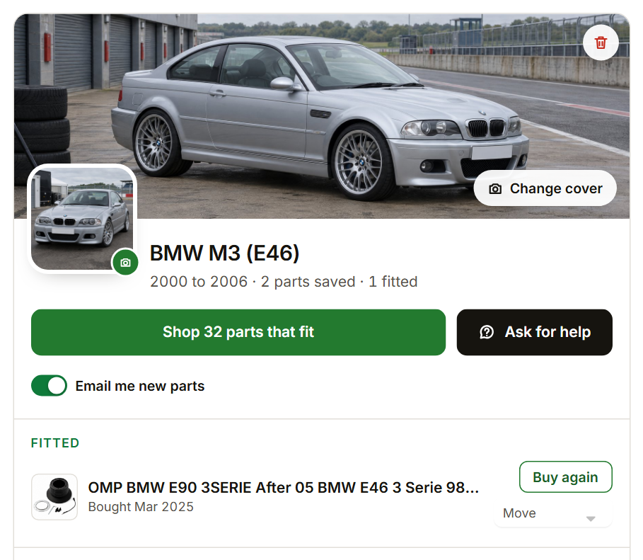 A car card with a Fitted part and Buy again