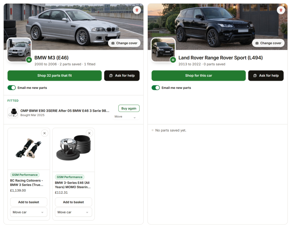 Two car cards in a garage, a BMW M3 E46 and a Range Rover Sport, each with a cover photo and a profile photo