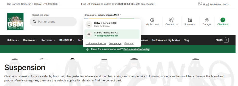 The Shopping for car switcher open in the header with two cars