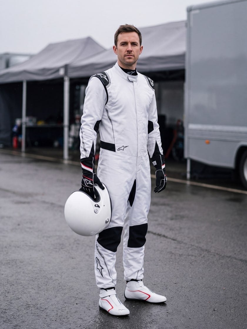 Driver wearing the Alpinestars Hypertech V3 Race Suit in White Black and Silver with Supertech Boots