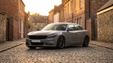 Lowered grey Dodge Charger parked on a quiet British street