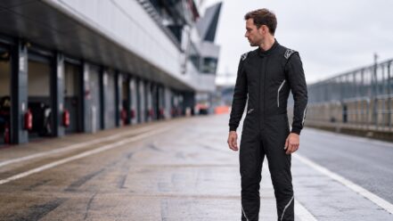 Black Alpinestars Hypertech V3 race suit in a circuit pit lane